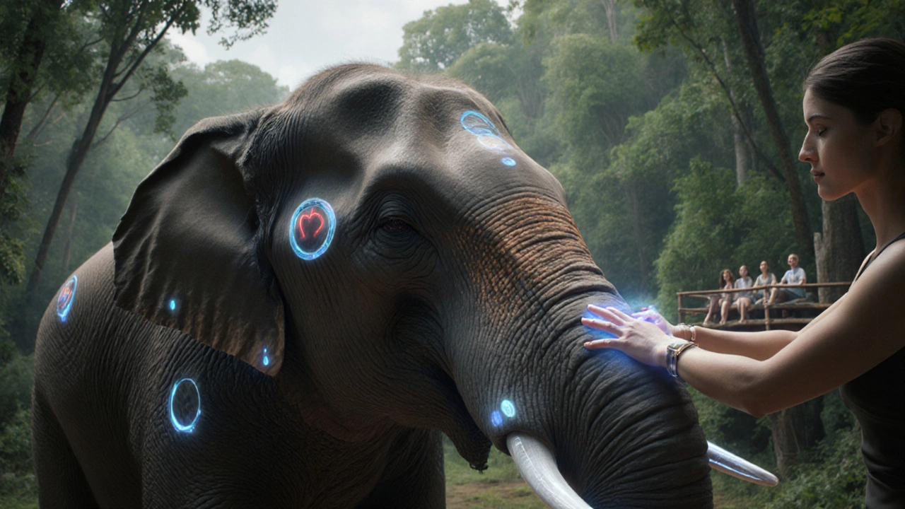 Éléphant équipé de capteurs lumineux profite d’un massage, avec des touristes et une forêt en arrière‑plan.