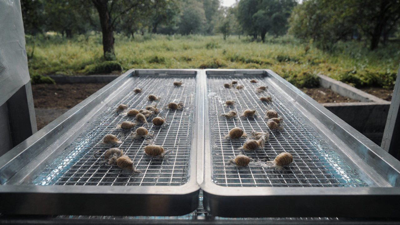 Grilles stériles dans une ferme éthique où des limaces laissent des traces de mucosité, avec un fond naturel.