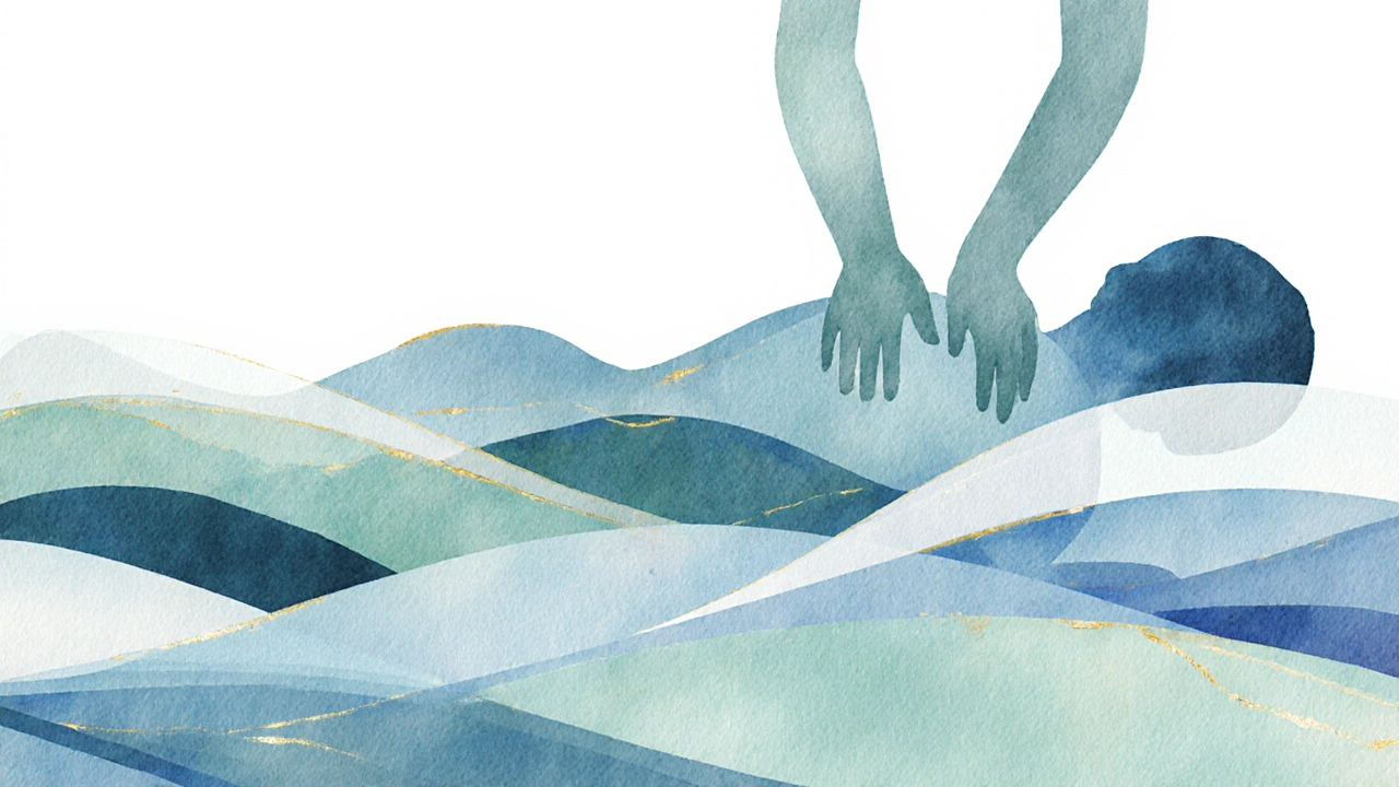 Illustration aquarelle représentant les mouvements ondulatoires du massage Lomi Lomi comme des vagues.