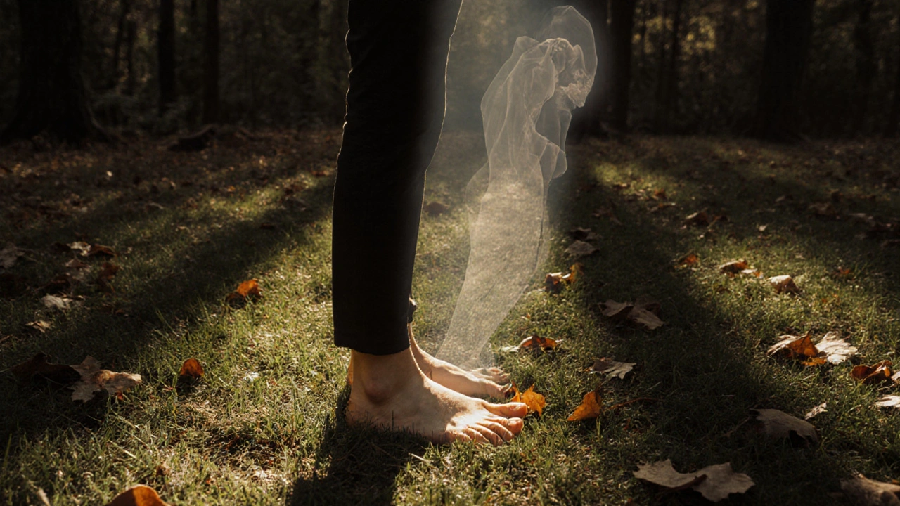 Personne debout pieds nus sur l'herbe, ancienne posture floue derrière elle, libérée et apaisée.