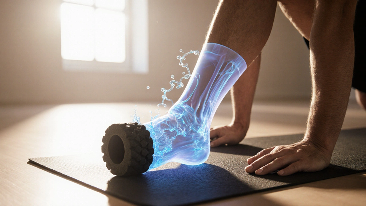 Personne utilisant un rouleau de mousse, les couches fasciales glissant et le gel hyaluronique visible.