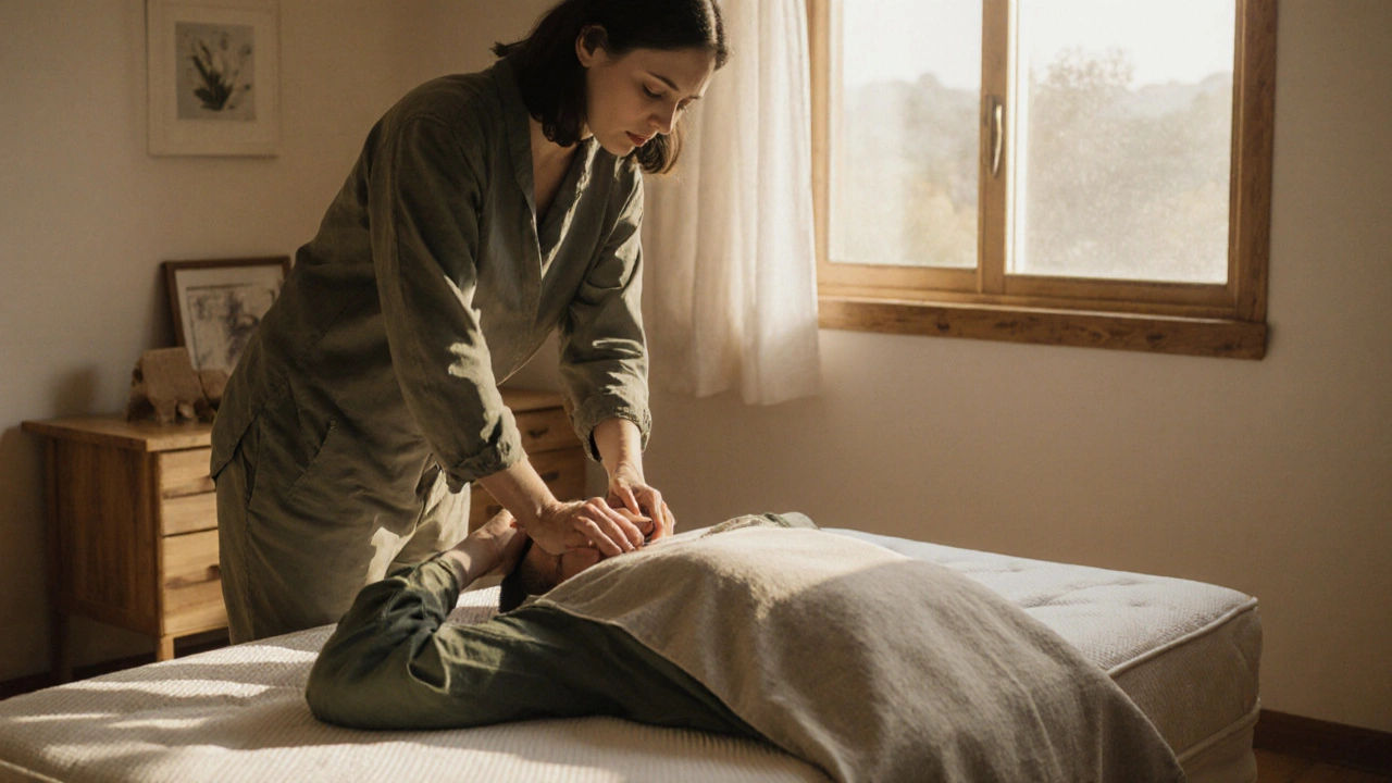 Praticien effectuant une douce pression craniosacrale sur un patient allongé.