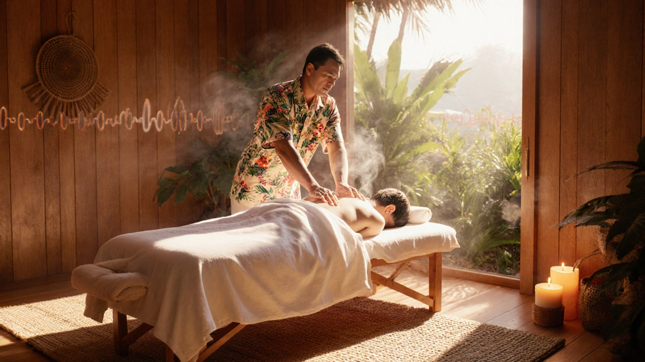 Scène intérieure de spa où un praticien effectue un massage Lomi Lomi sur un client détendu.