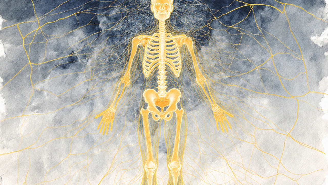 Schéma artistique du corps humain avec des fils fasciaux dorés reliant les pieds à la tête.