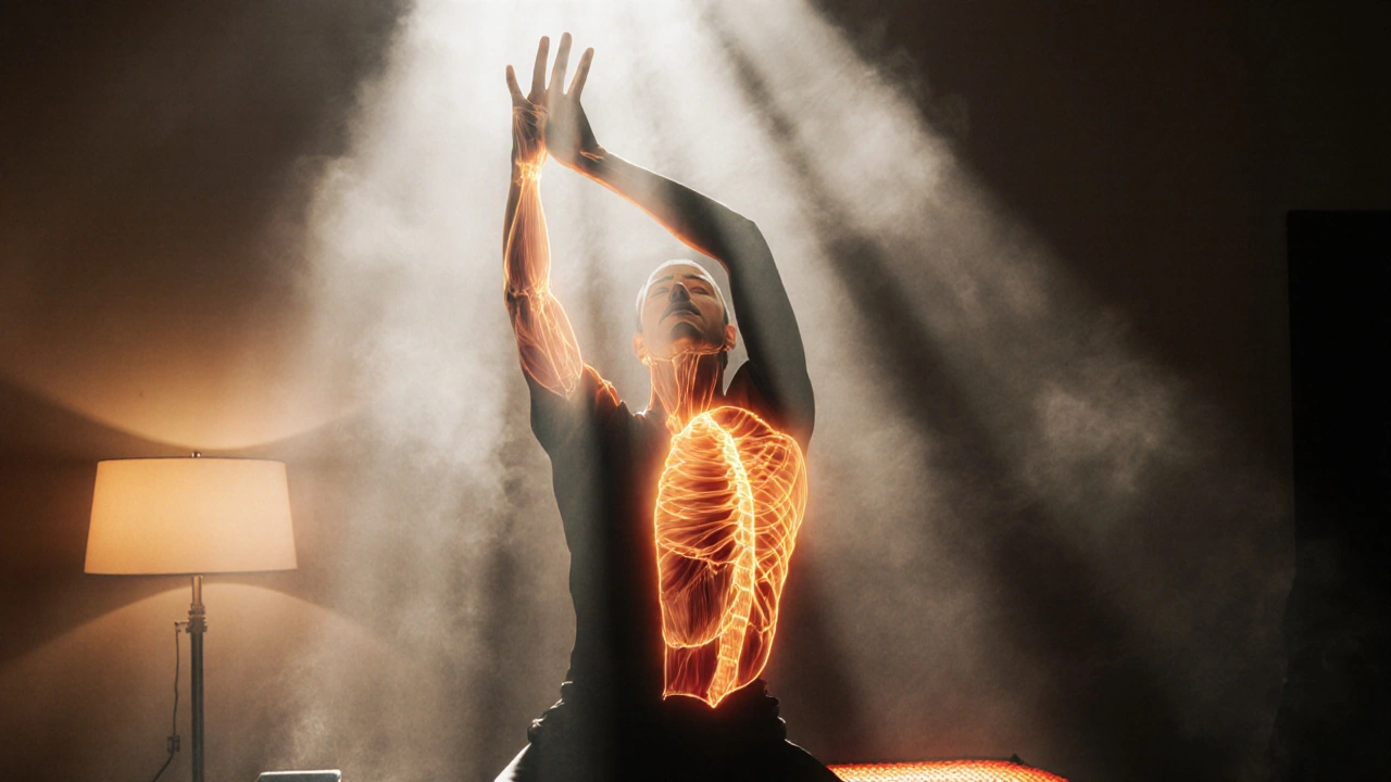 Séance d’étirement dynamique dans un studio lumineux, le fascia apparaît détendu et lumineux.