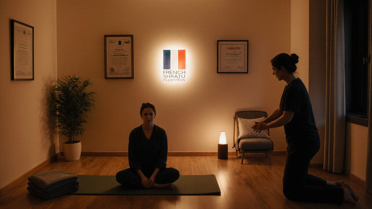Studio français de Shiatsu avec certificat encadré et client détendu sur le tapis.