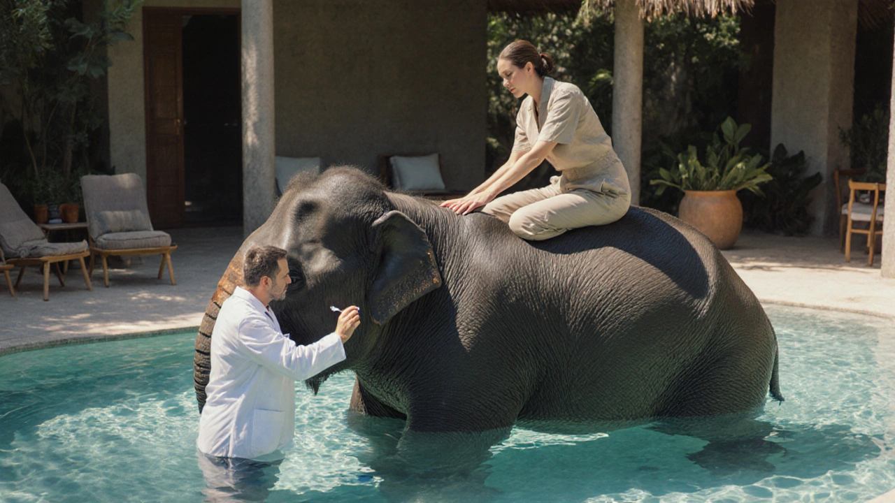 Vétérinaire prélève du sang pendant qu’un praticien masse doucement l’éléphant dans l’eau tiède.