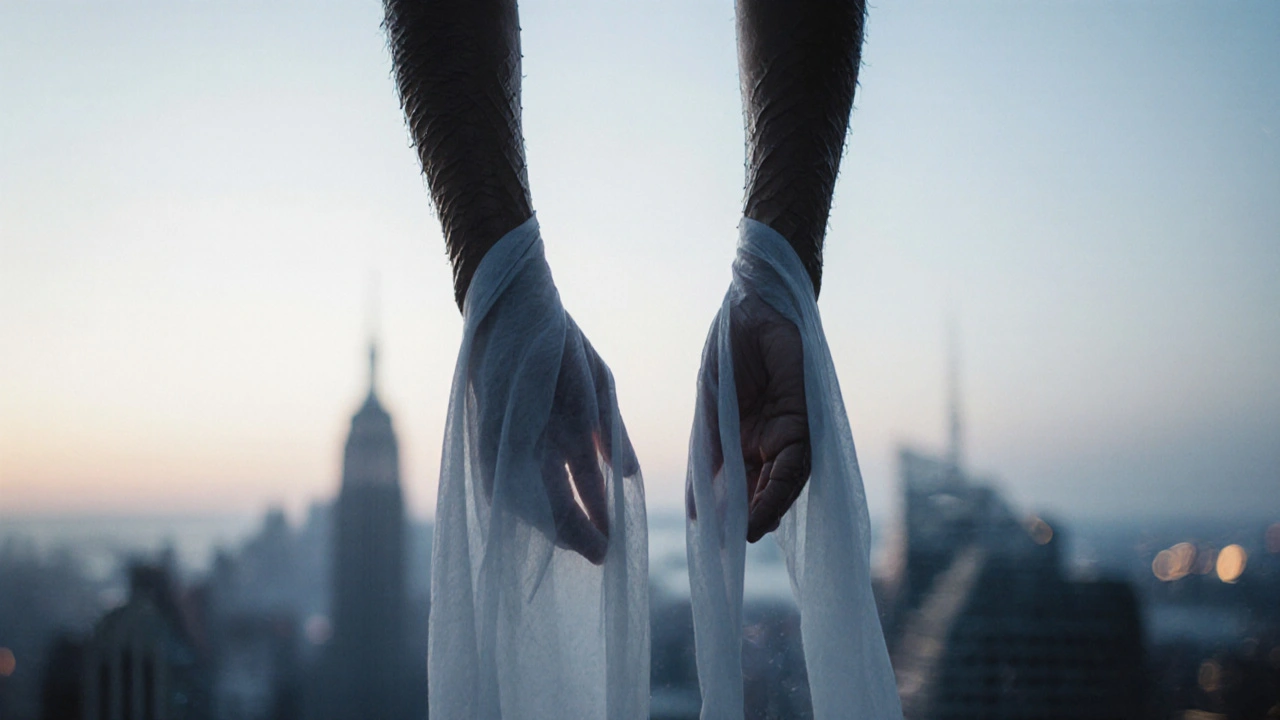 Bras humains relâchés, oscillant comme des chiffons mouillés, contre un horizon urbain flou au lever du jour.