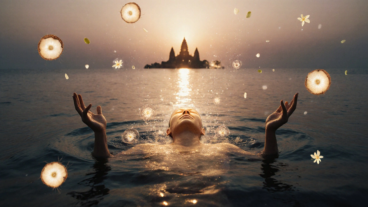 Corps flottant dans une mer calme, libéré de tensions sous un ciel crépusculaire, entouré de pétales et de lumière dorée.