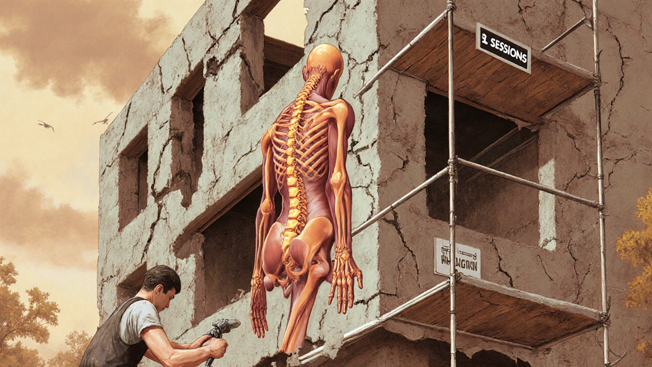 Corps humain représenté comme un bâtiment désaligné, un thérapeute rétablit l&#039;équilibre structurel avec ses mains, symbolisant le Rolfing.