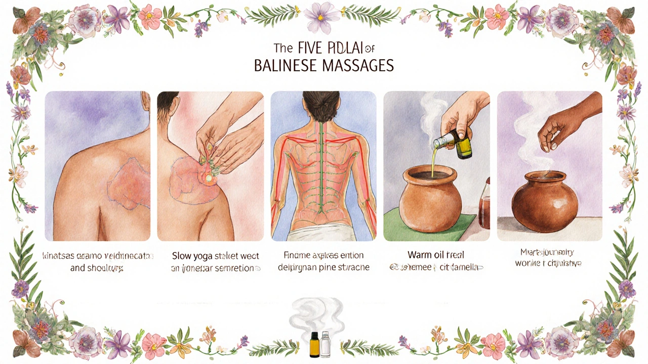 Illustration watercolor des cinq piliers du massage balinais : pressions, étirements, points d&#039;acupression, huiles et aromathérapie.