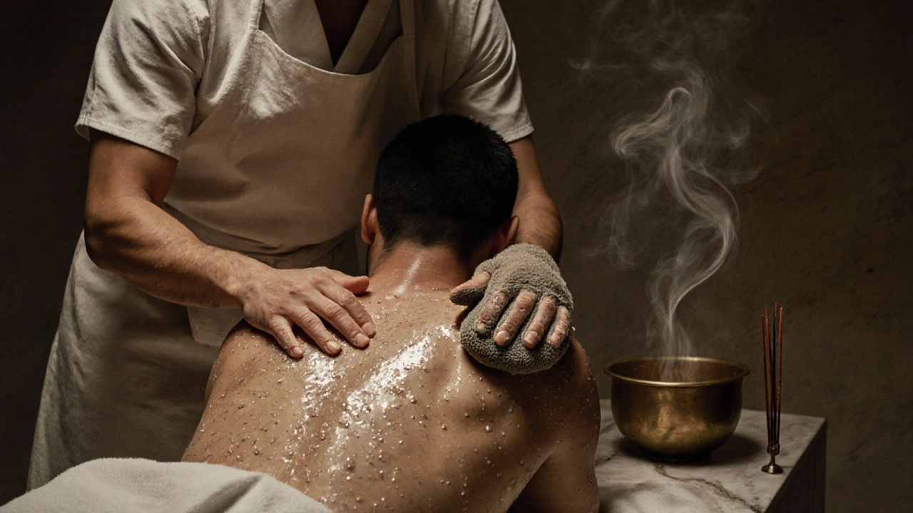 Masseur exfoliant le dos d&#039;une cliente avec un gant de crin dans une salle de hammam humide.
