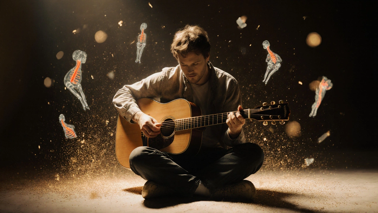 Musicien jouant sans douleur, des schémas posturaux anciens se dissolvent en poussière dorée.