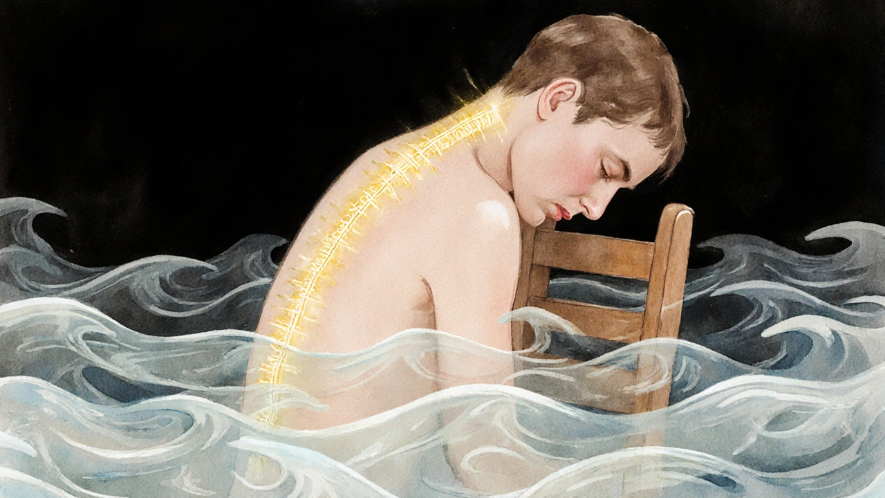 Personne assise, la tête tombant doucement vers l&#039;avant, des vagues légères symbolisant la détente qui s&#039;échappe du corps.