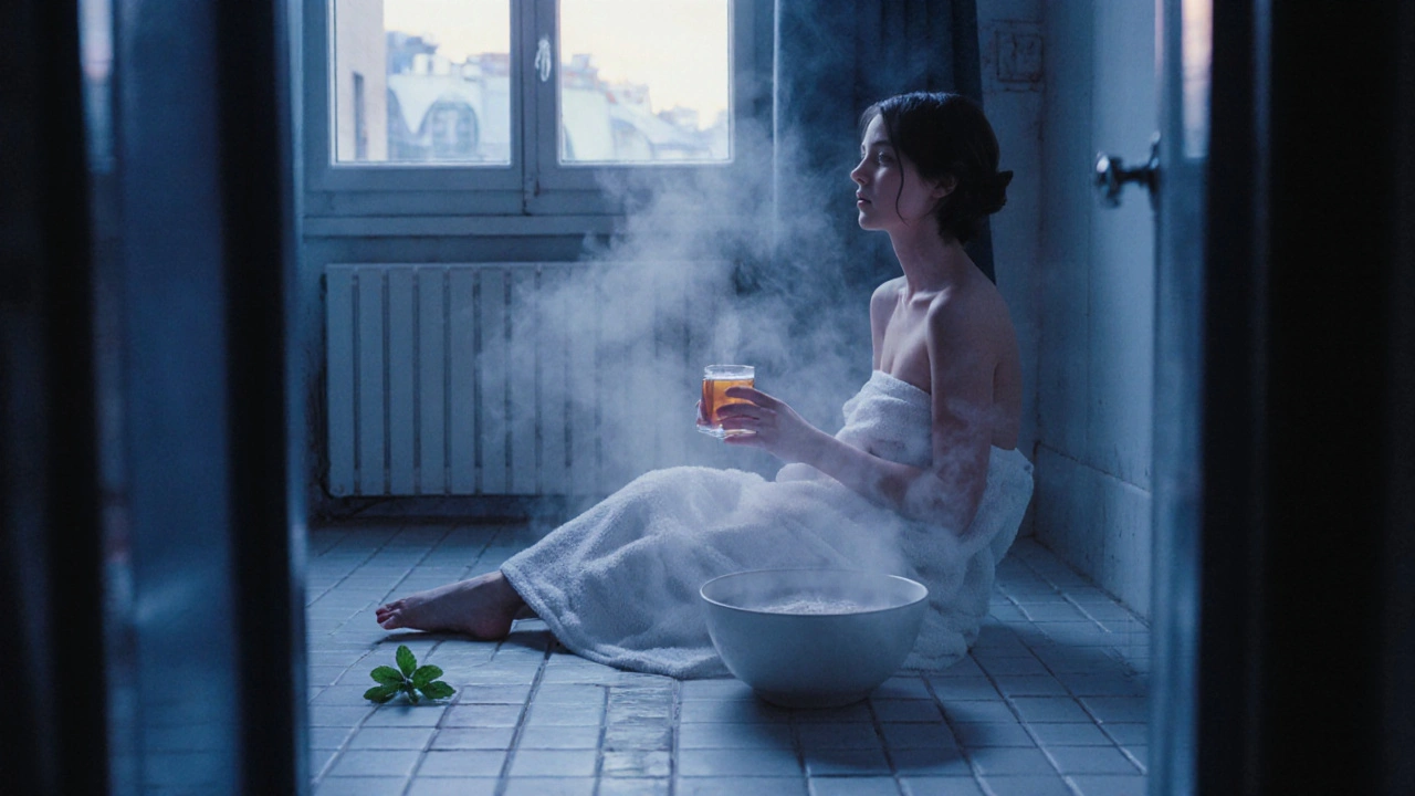 Personne reposant dans une salle de bain à la maison, enveloppée dans une serviette, avec de la vapeur et du thé à la menthe.