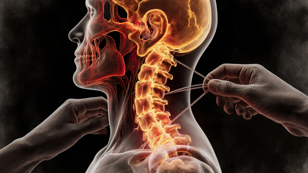 Schéma anatomique artistique montrant les fascias en tension qui se réalignent le long de la colonne.