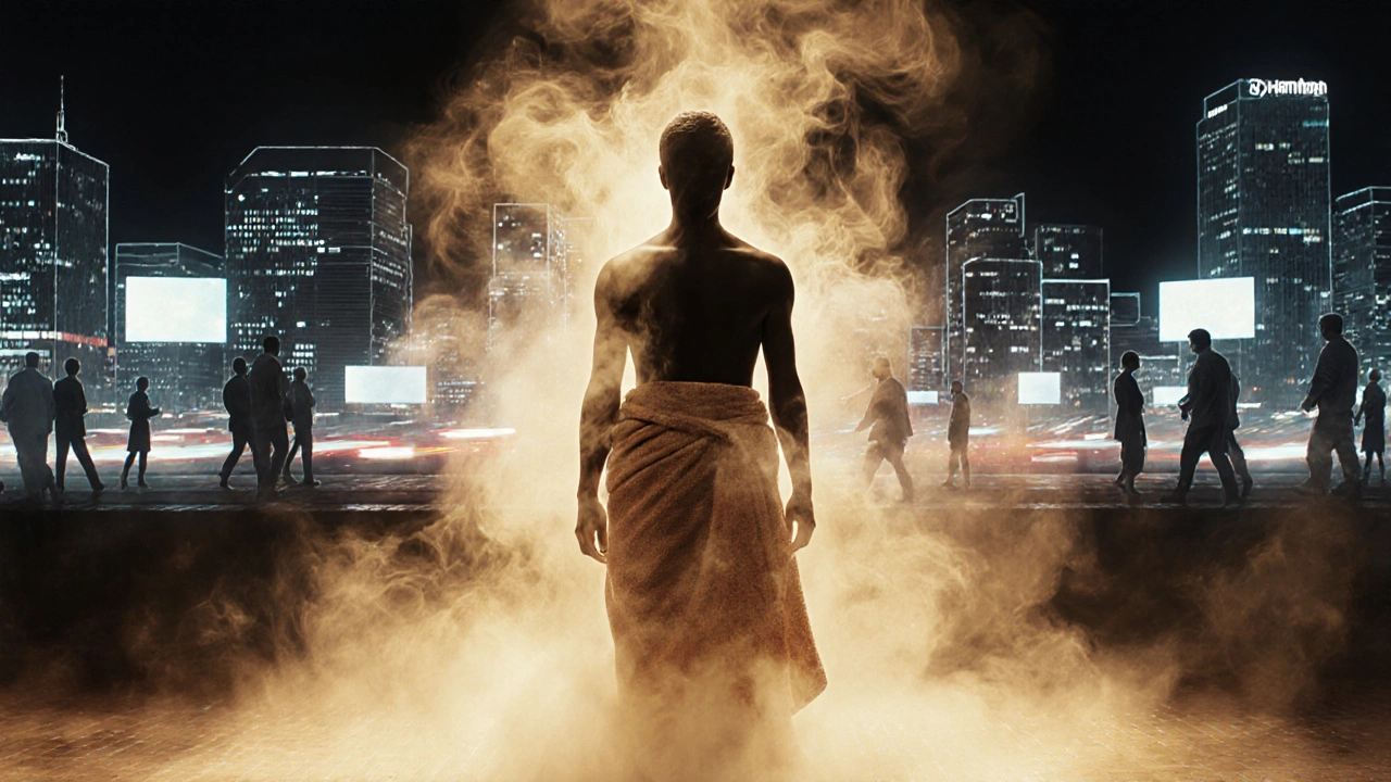 Silhouette d&#039;une personne sortant du hammam, transformée en vapeur et lumière, tandis que la ville moderne s&#039;efface derrière elle.