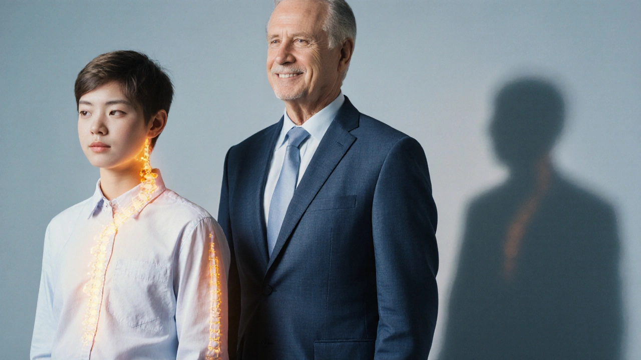 Trois personnes de différents âges, postures corrigées, leurs anciennes silhouettes voilées en arrière-plan, témoignant d&#039;une transformation profonde.