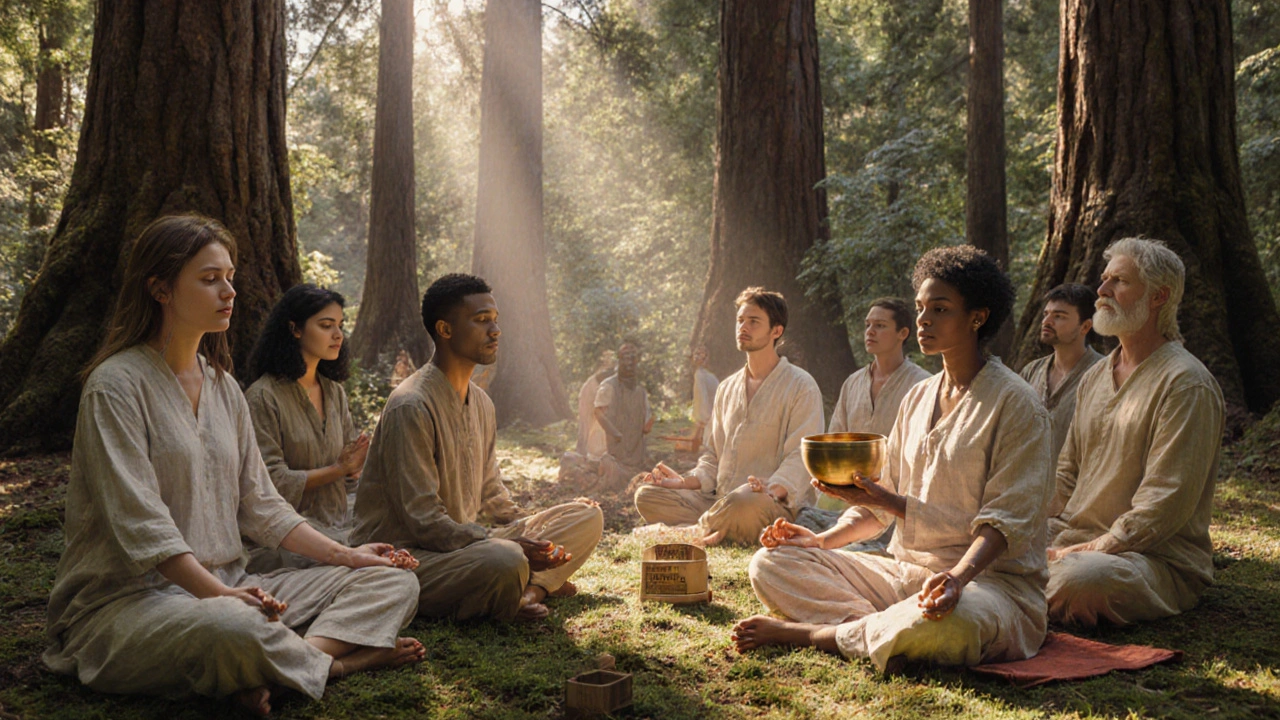 Un groupe médite en silence dans une forêt de pins anciens, la lumière filtre à travers les feuilles.