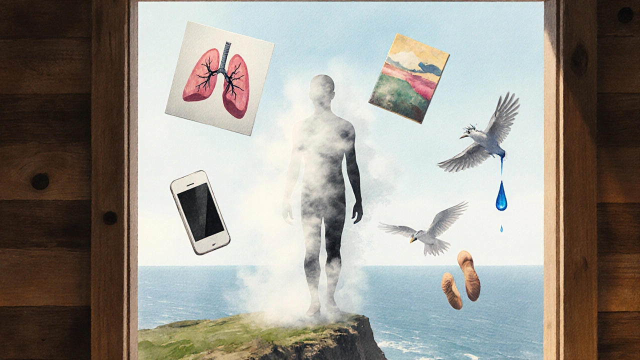 Une silhouette se dissout en buée au-dessus d&#039;une falaise, des éléments abstraits flottent autour.