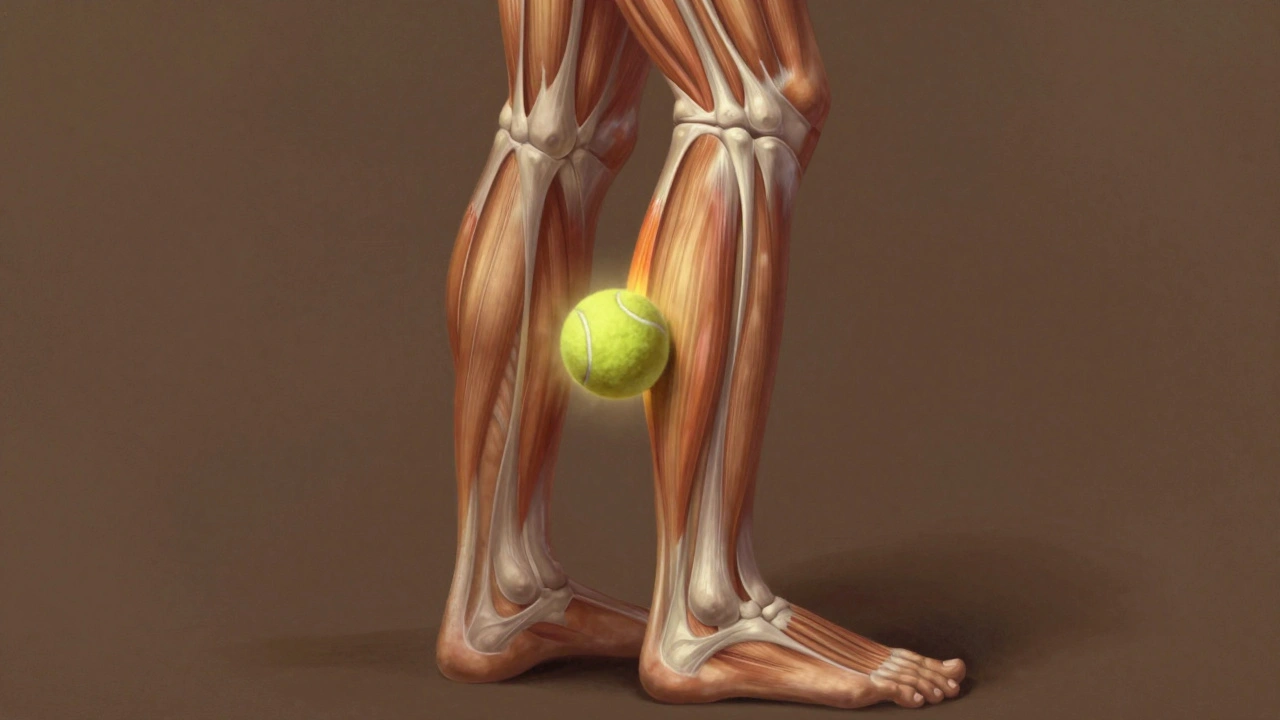 Balle de tennis exerçant une pression myofasciale douce sur le mollet pour libérer une tension tendineuse.