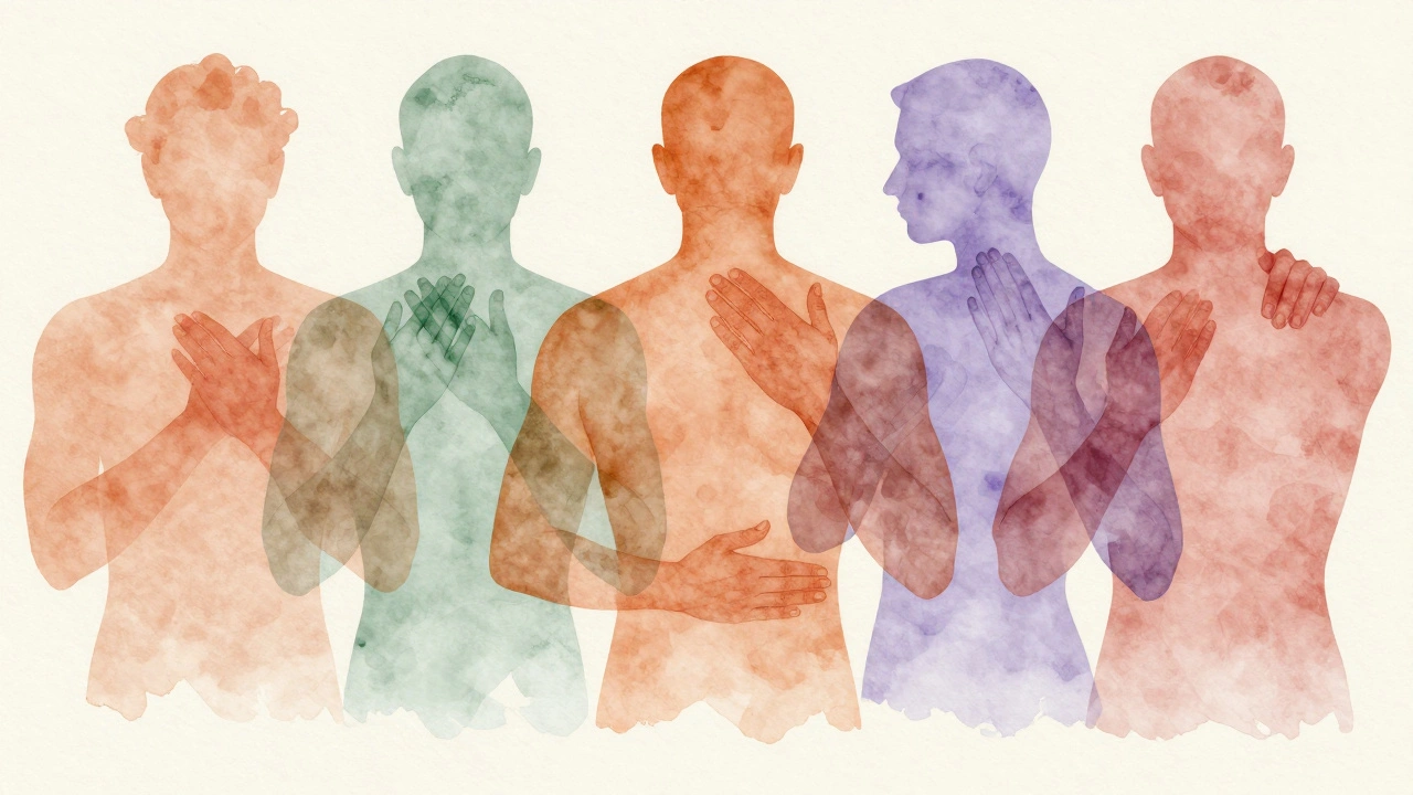 Cinq mains stylisées illustrant les techniques de massage suédois : effleurage, pétrissage, friction, tapotement et vibration.