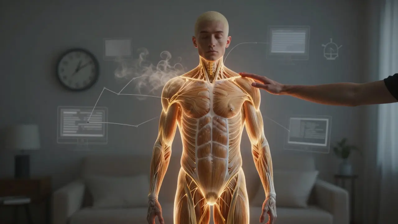 Corps humain lumineux avec flux sanguin et symboles de stress qui s'évanouissent, main apaisante au-dessus de l'épaule.