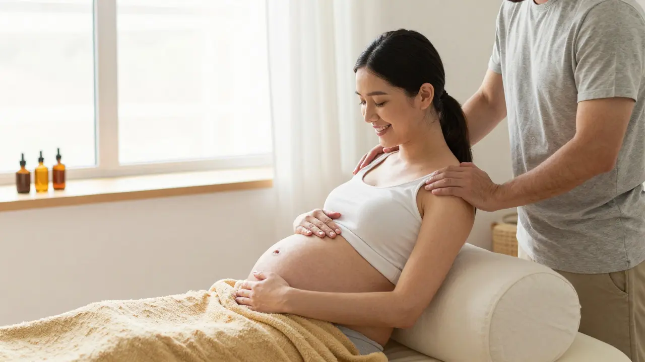 Couple partageant un moment de douceur après un massage prénatal, la femme posant la main sur son ventre, son partenaire apprenant à masser.