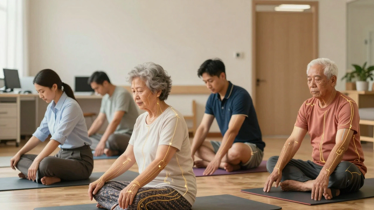 Groupe diversifié de personnes en mouvement, reliées par des lignes dorées symbolisant les canaux énergétiques du Thai Bodywork dans différents contextes de vie.
