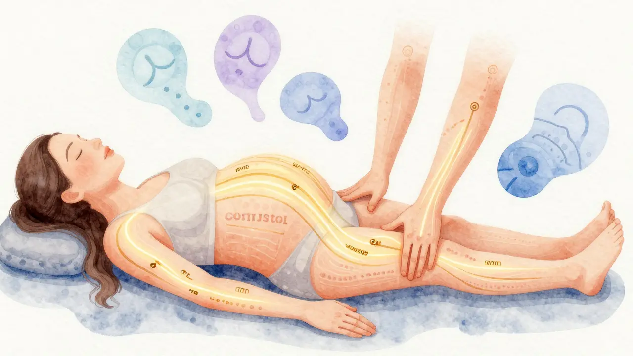 Illustration artistique d'une femme enceinte avec des lignes dorées symbolisant la réduction du stress et l'augmentation de la détente pendant un massage.