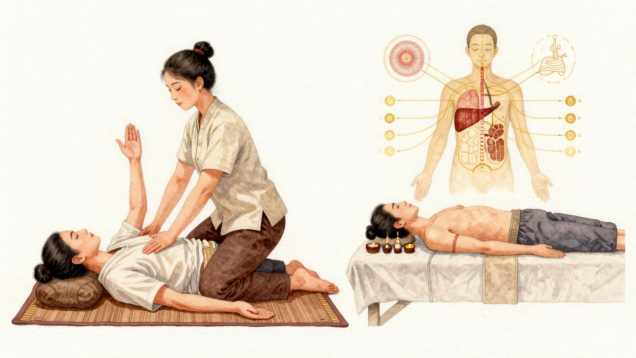 Illustration comparant le Thai Bodywork actif au sol avec un massage suédois passif sur table, avec des lignes énergétiques flottantes.