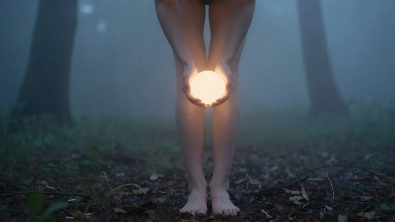 Main qui libère une boule de lumière douce du torse, symbolisant la libération émotionnelle.