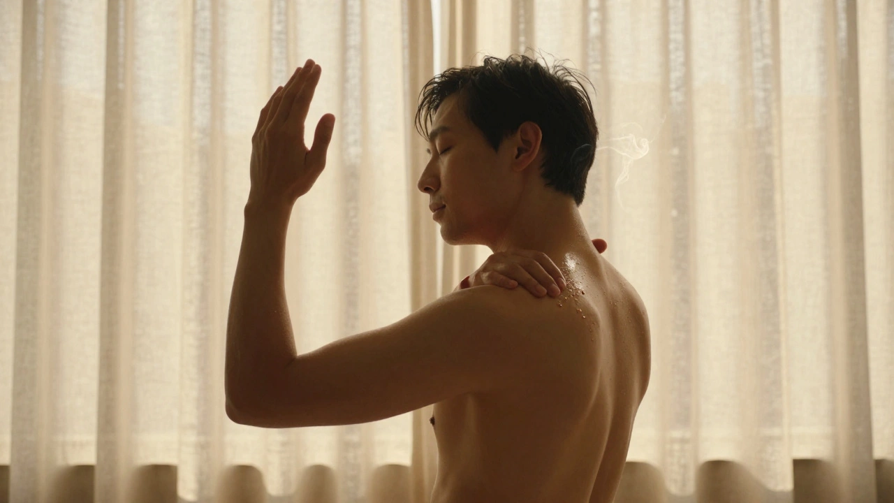 Personne debout après un massage, les yeux fermés, dans une lumière douce, libérée de toute tension musculaire.