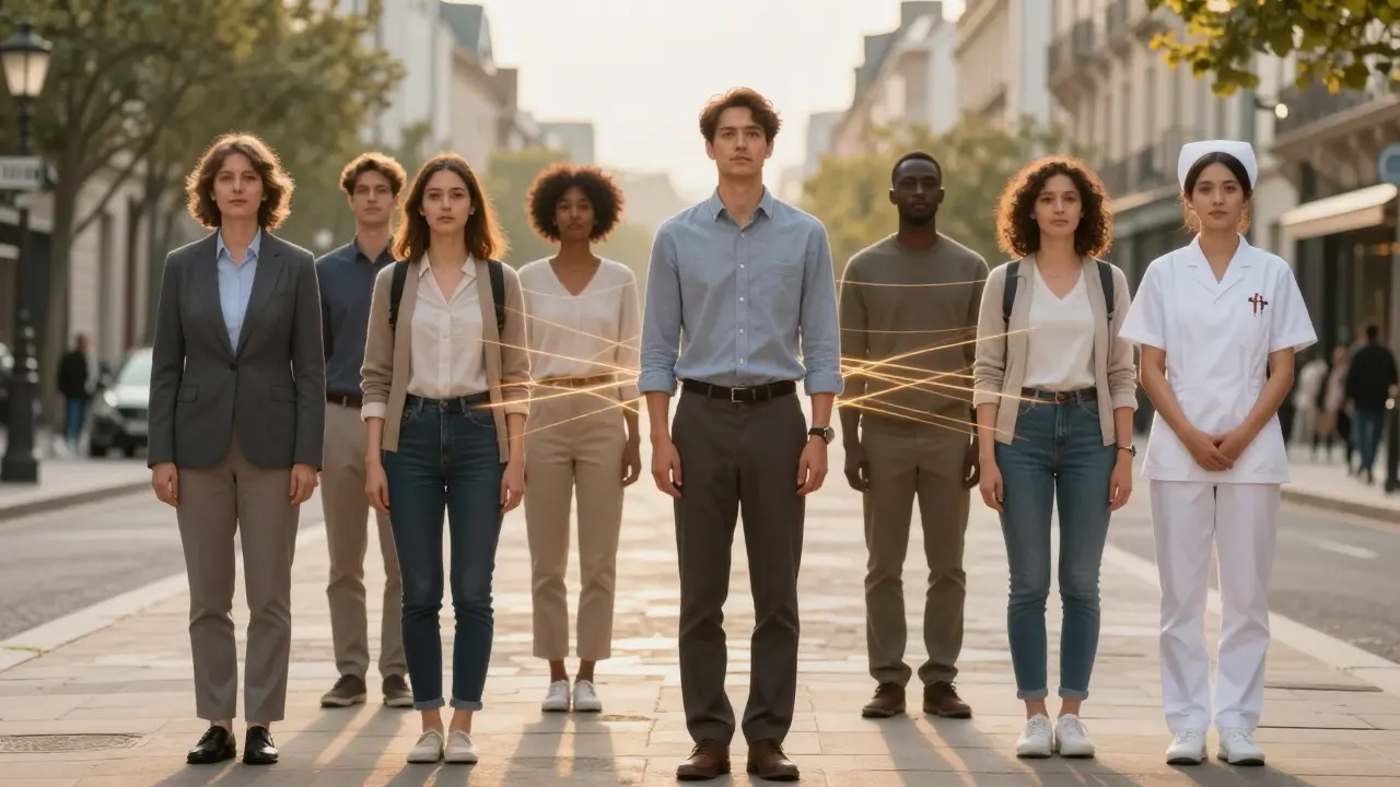 Personnes dans la vie quotidienne, postures redressées, lumière dorée indiquant une libération du stress.