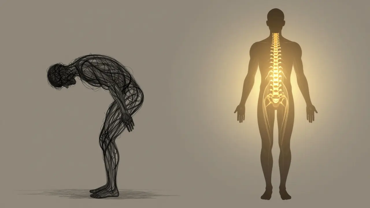 Silhouette avant-après : corps comprimé vs corps aligné, symbolisant la réintégration structurelle.