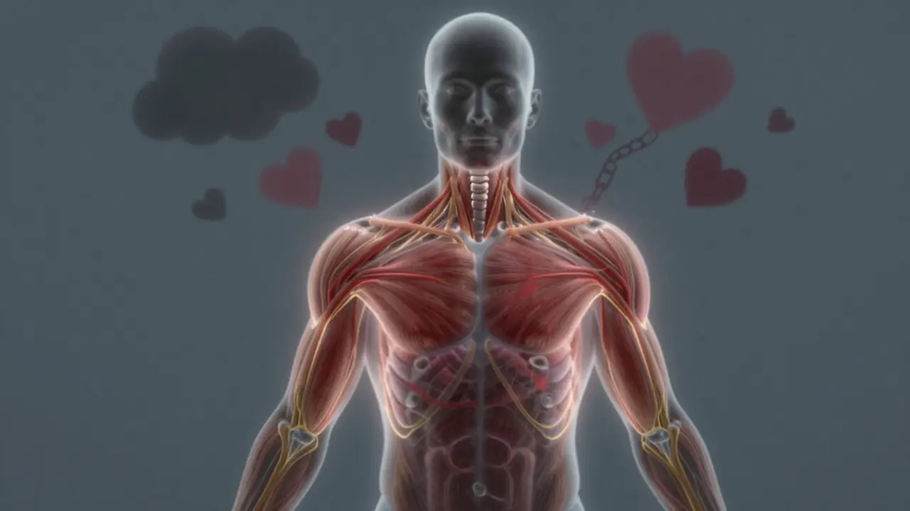 Silhouette humaine avec des flux énergétiques qui libèrent les tensions musculaires du corps.