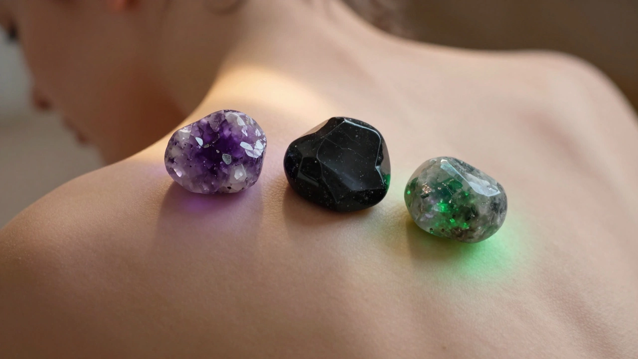 Trois pierres naturelles posées sur une épaule, émettant des auréoles colorées douces qui se fondent dans la peau.