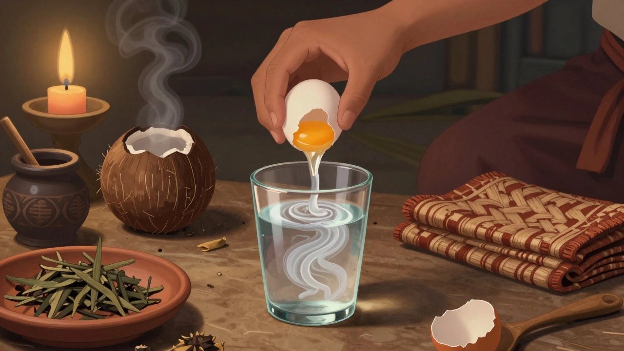 Un praticien observe les formes d&#039;un blanc d&#039;œuf dans l&#039;eau lors d&#039;un diagnostic traditionnel de hilot.