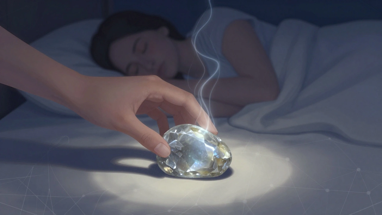 Une pierre de sélénite posée sous un lit, avec des lignes énergétiques subtiles s&#039;élevant vers le plafond dans la nuit.