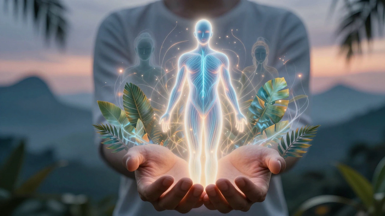 Une silhouette humaine traversée par des lignes énergétiques lumineuses, reliée à la nature et aux ancêtres.