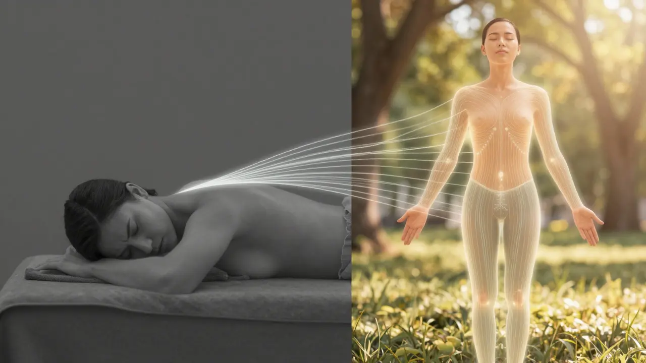 Comparaison avant-après : personne tendue au bureau vs. personne apaisée dans un parc, avec lignes d'énergie subtilement visibles.