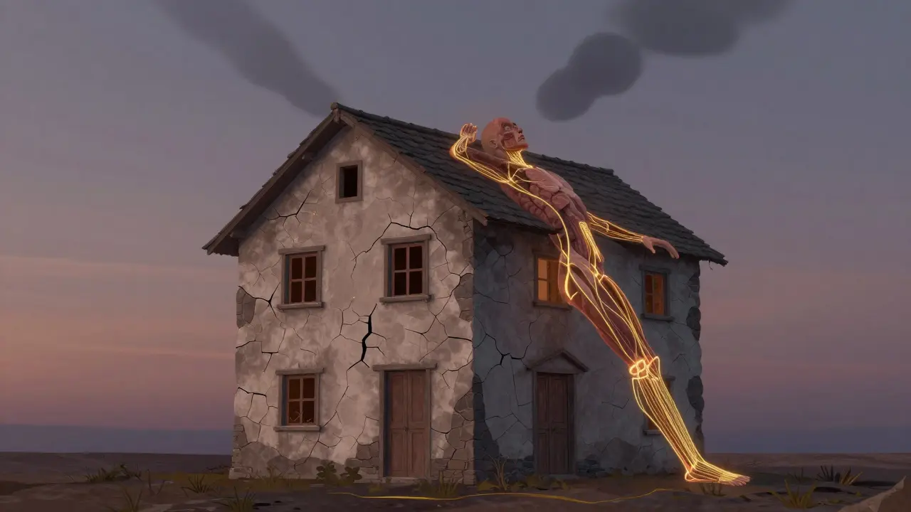 Corps humain représenté comme une maison ancienne, avec des fils lumineux reliant les tissus et des portes coincées.