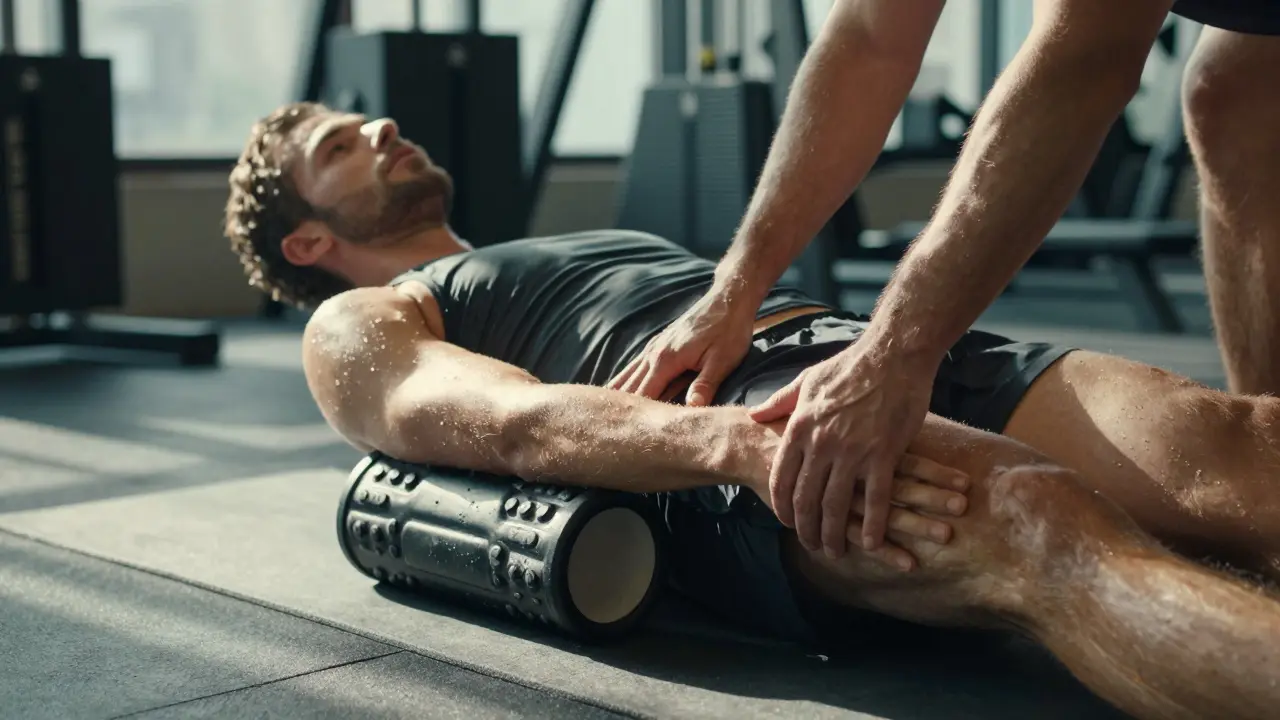 Coureur en récupération recevant un massage neuromusculaire ciblé sur le mollet après un effort intense.