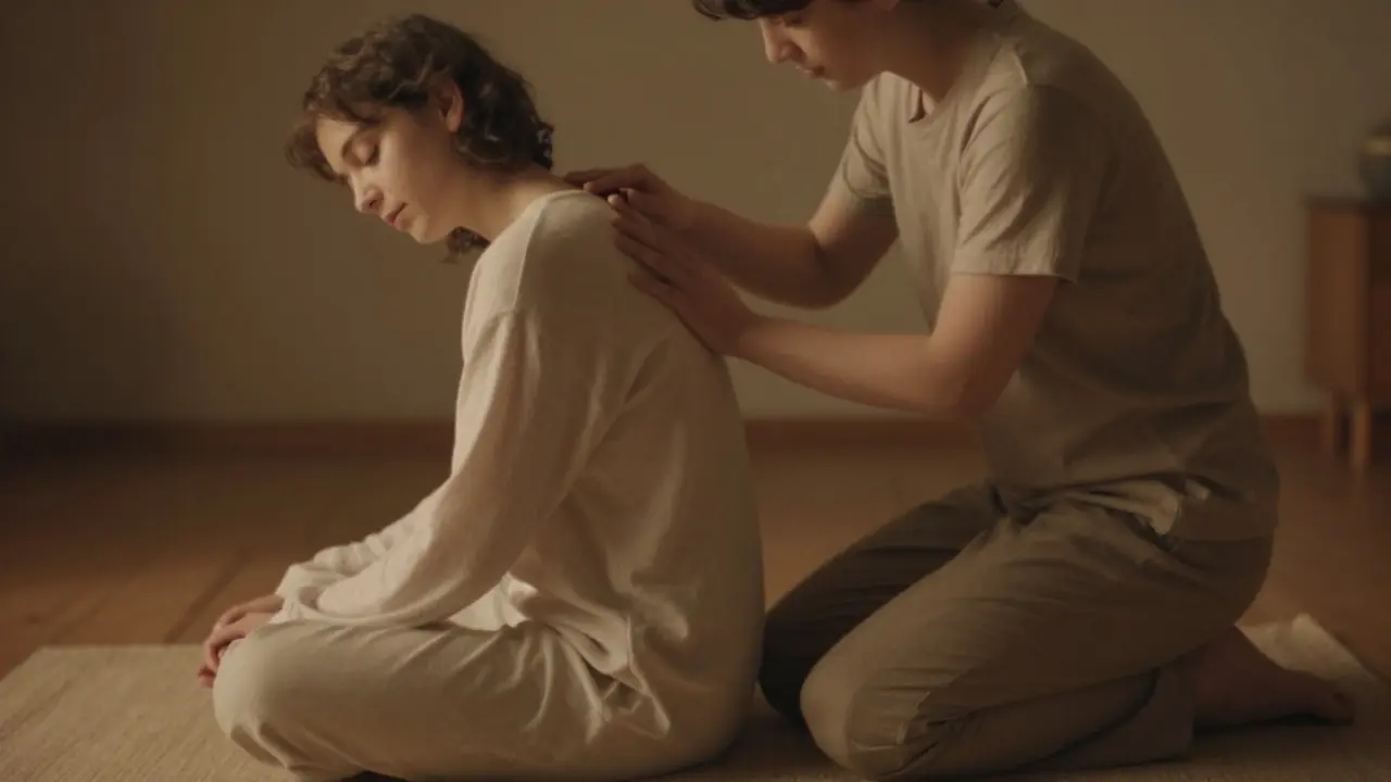 Deux personnes en silence, l'une recevant un toucher léger le long de la colonne, dans une atmosphère apaisante.