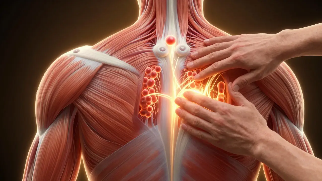Illustration anatomique des fibres musculaires avec des points de déclenchement lumineux en cours de libération.