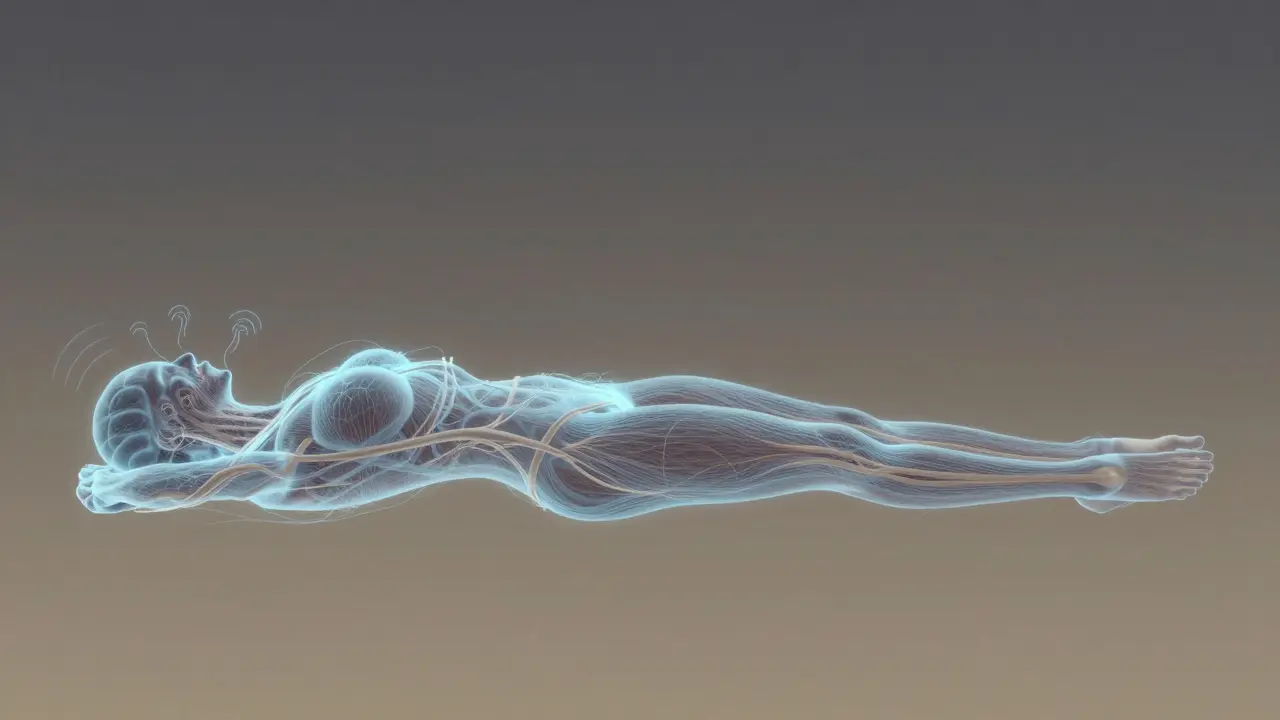 Illustration d'un tendon vivant qui passe d'un état tendu à détendu, entouré de signaux nerveux apaisants.