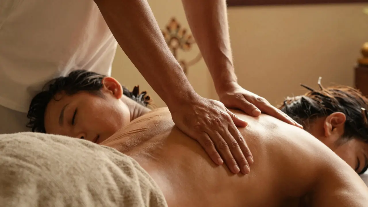 Mains d'un thérapeute thaïlandais exerçant une pression profonde sur le dos d'un client détendu, dans une lumière dorée.