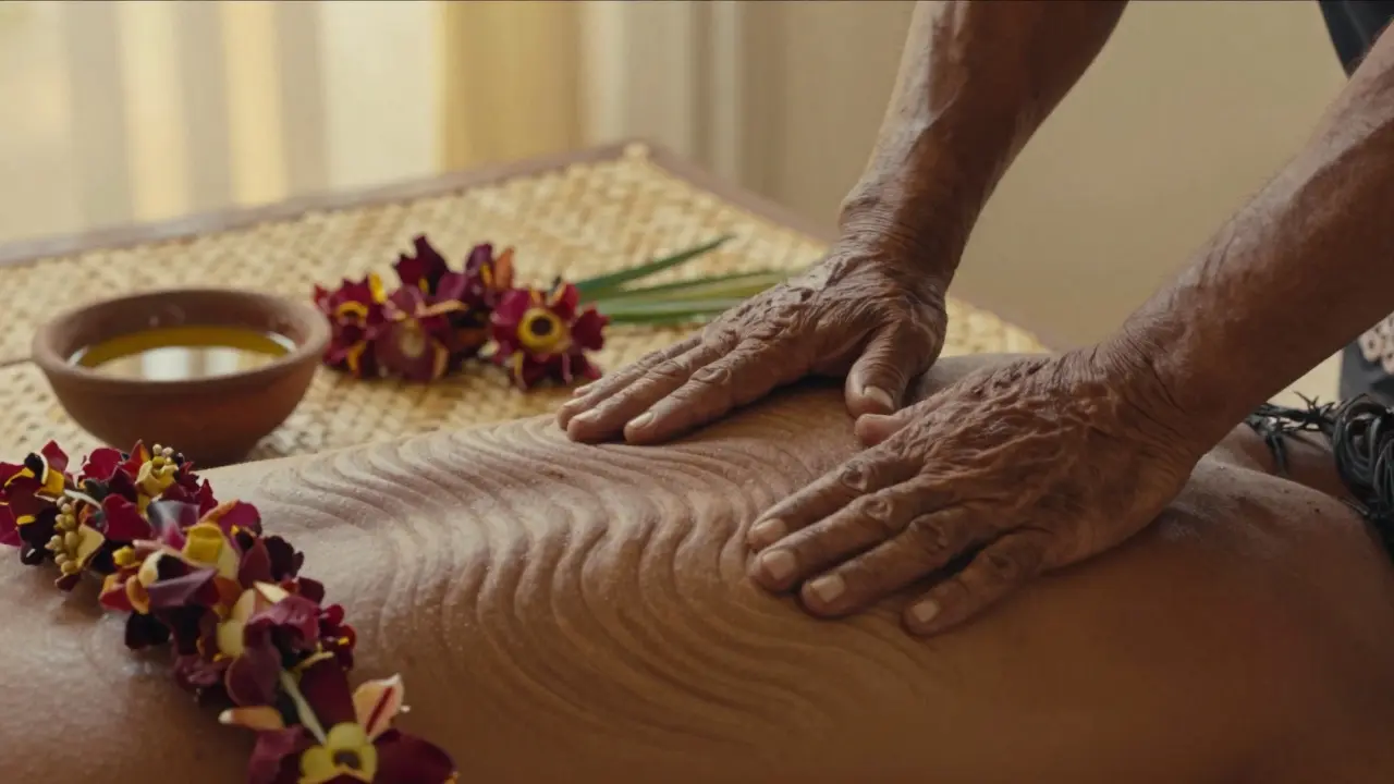 Mains de guérisseur hawaïen massant le dos avec de l'huile de noix de coco, entourées de fleurs de tiare et d'éléments naturels.