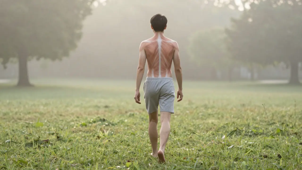 Personne marchant paisiblement dans un parc après une séance de massage, montrant une mobilité retrouvée.