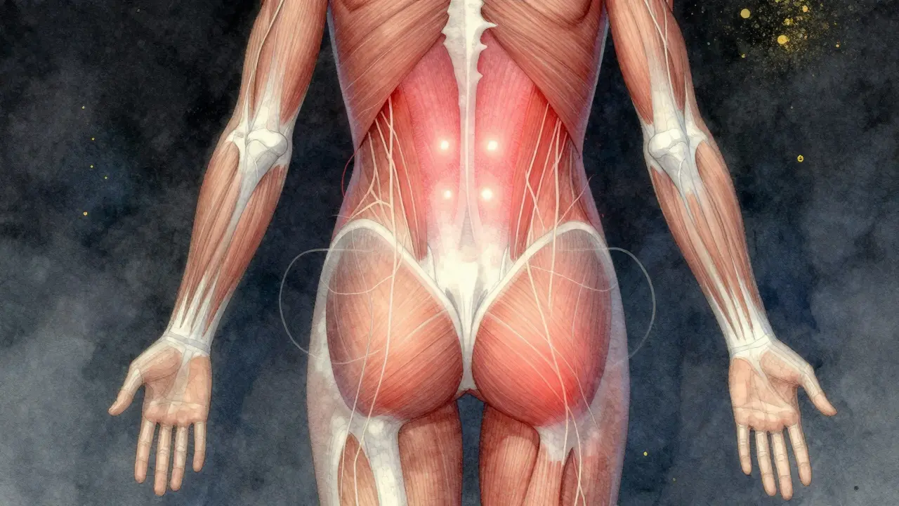 Schéma anatomique stylisé montrant les points de déclenchement dans les muscles du bas du dos et de la hanche.